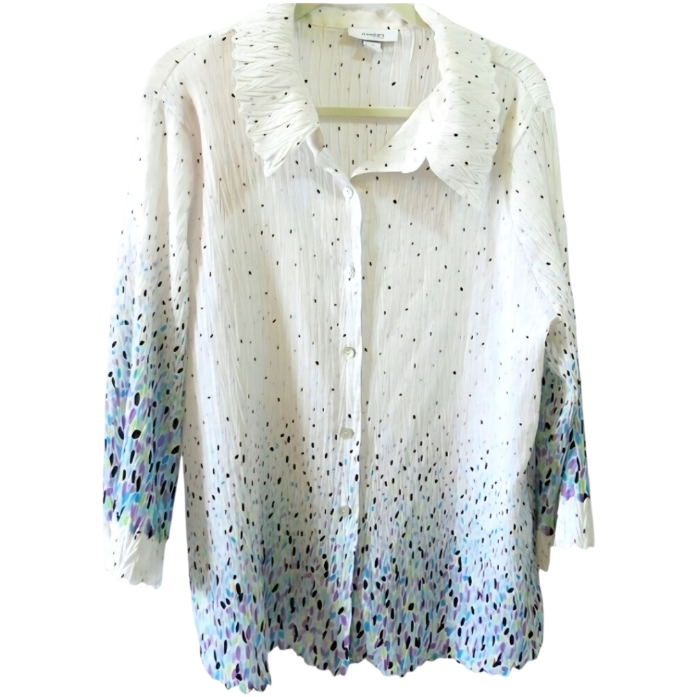 White W/ Purple Blue Confetti Pattern Button Down Blouse Shirt